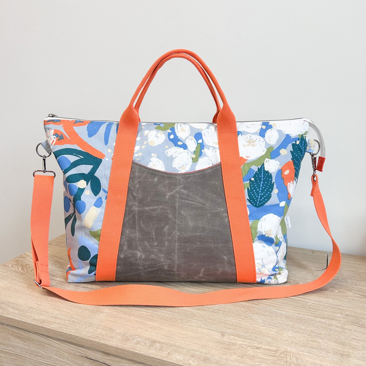 Large Overnight Oxbow Tote in Blue and Orange Floral Canvas