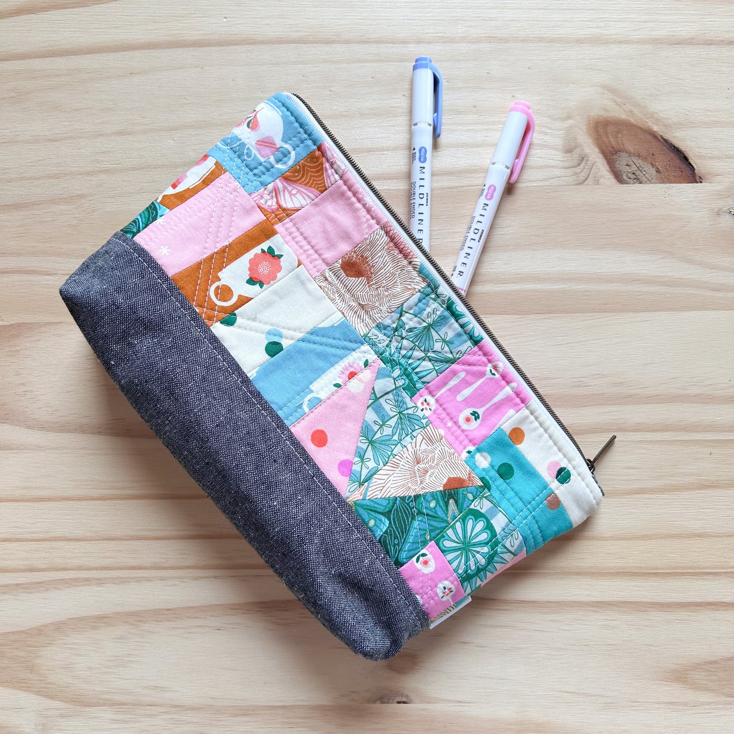 Large Scrappy Quilted Essential Pouch in Camellia Tea Print