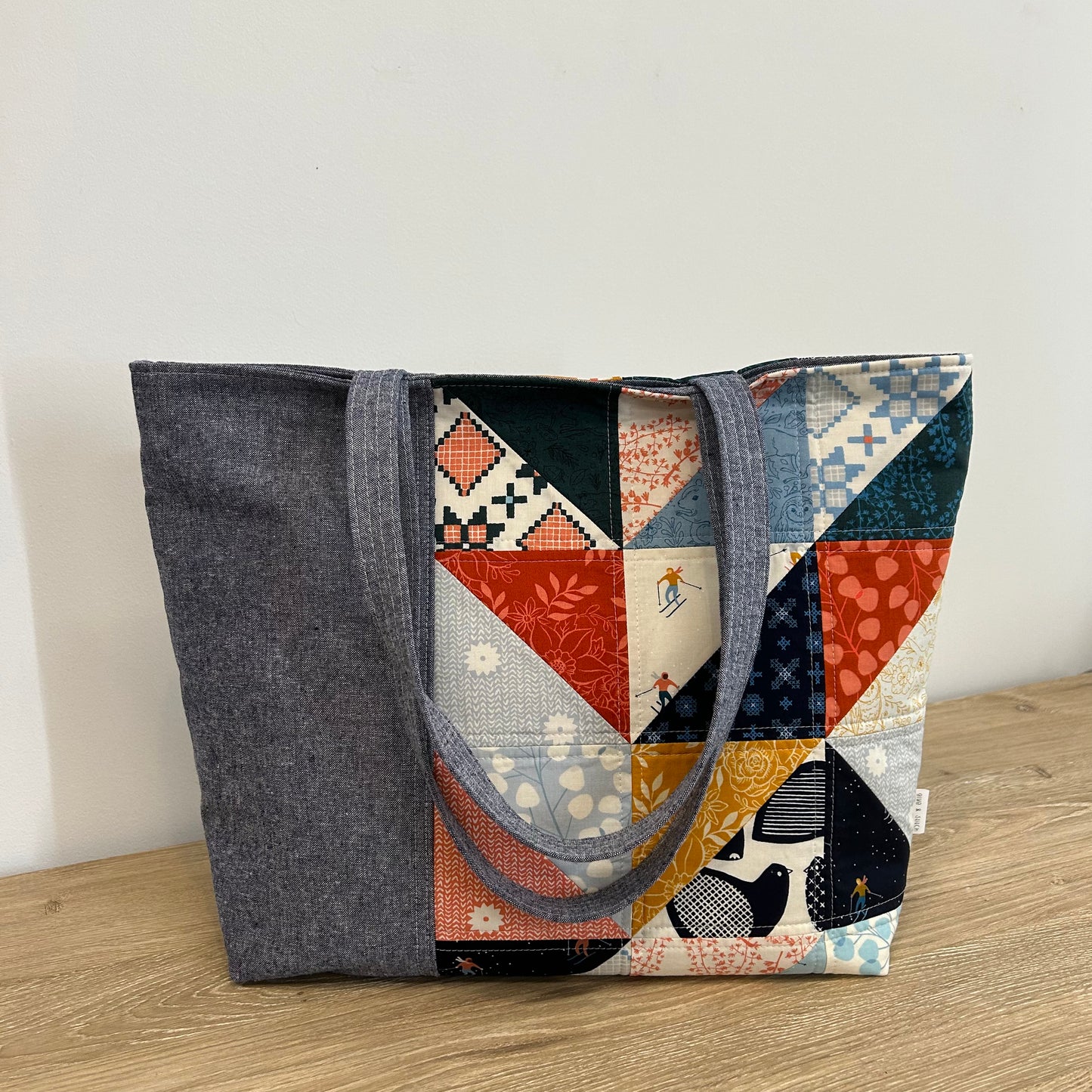Large Zippered Tote in Quilt Pieced Winterglow Cotton and Linen