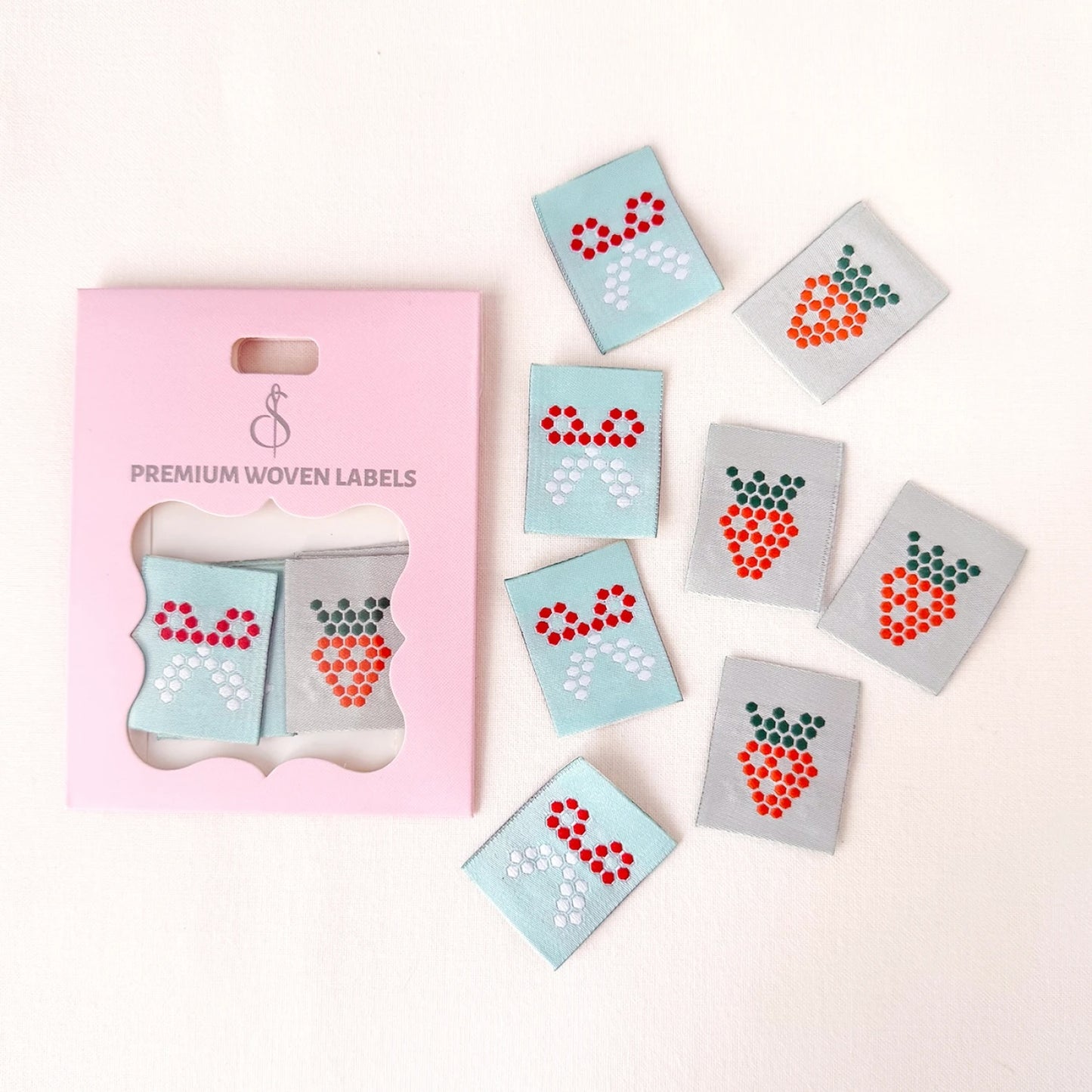 Mosaic Strawberry and Scissors Woven Label - Set of 8