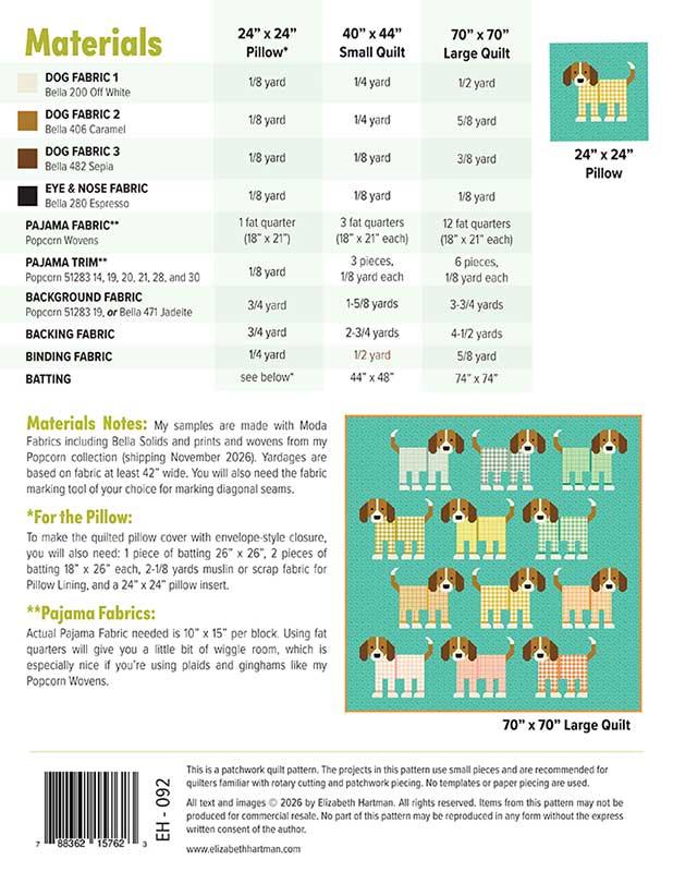 Pups in Pajamas by Elizabeth Hartman - Printed Paper Pattern