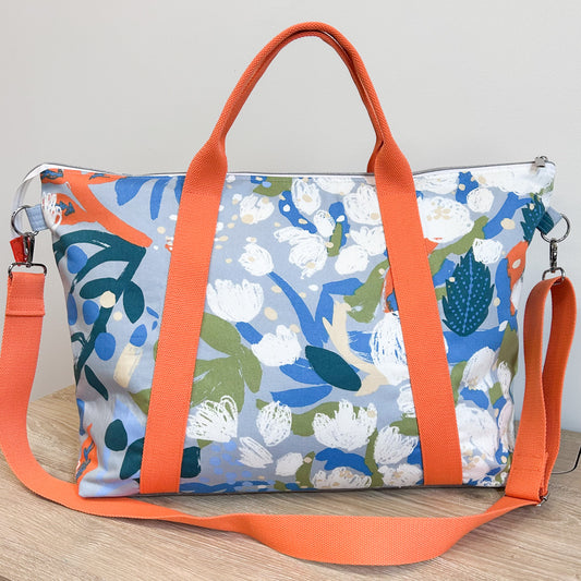 Large Overnight Oxbow Tote in Blue and Orange Floral Canvas