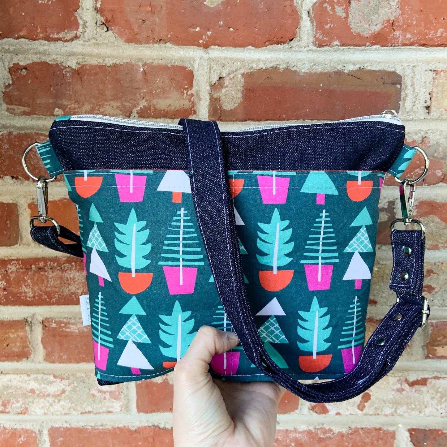 Small Christmas Tree Print Cotton and Denim Crossbody Bag