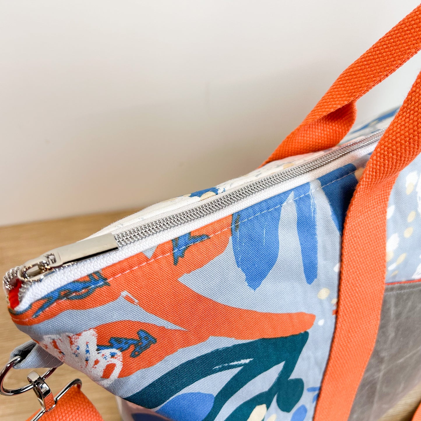 Large Overnight Oxbow Tote in Blue and Orange Floral Canvas