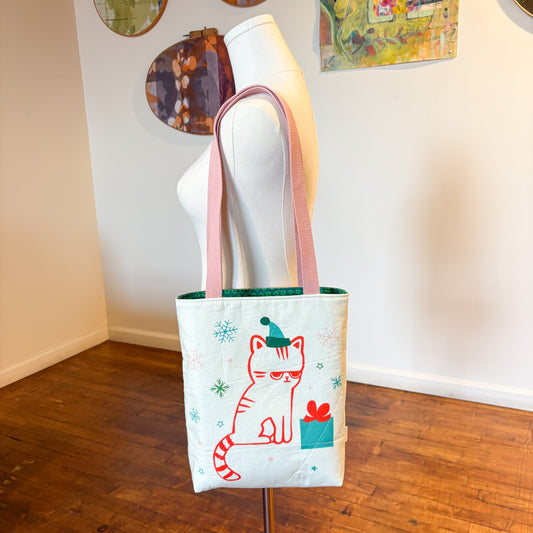 Grumpy Christmas Kitty Quilted Tote