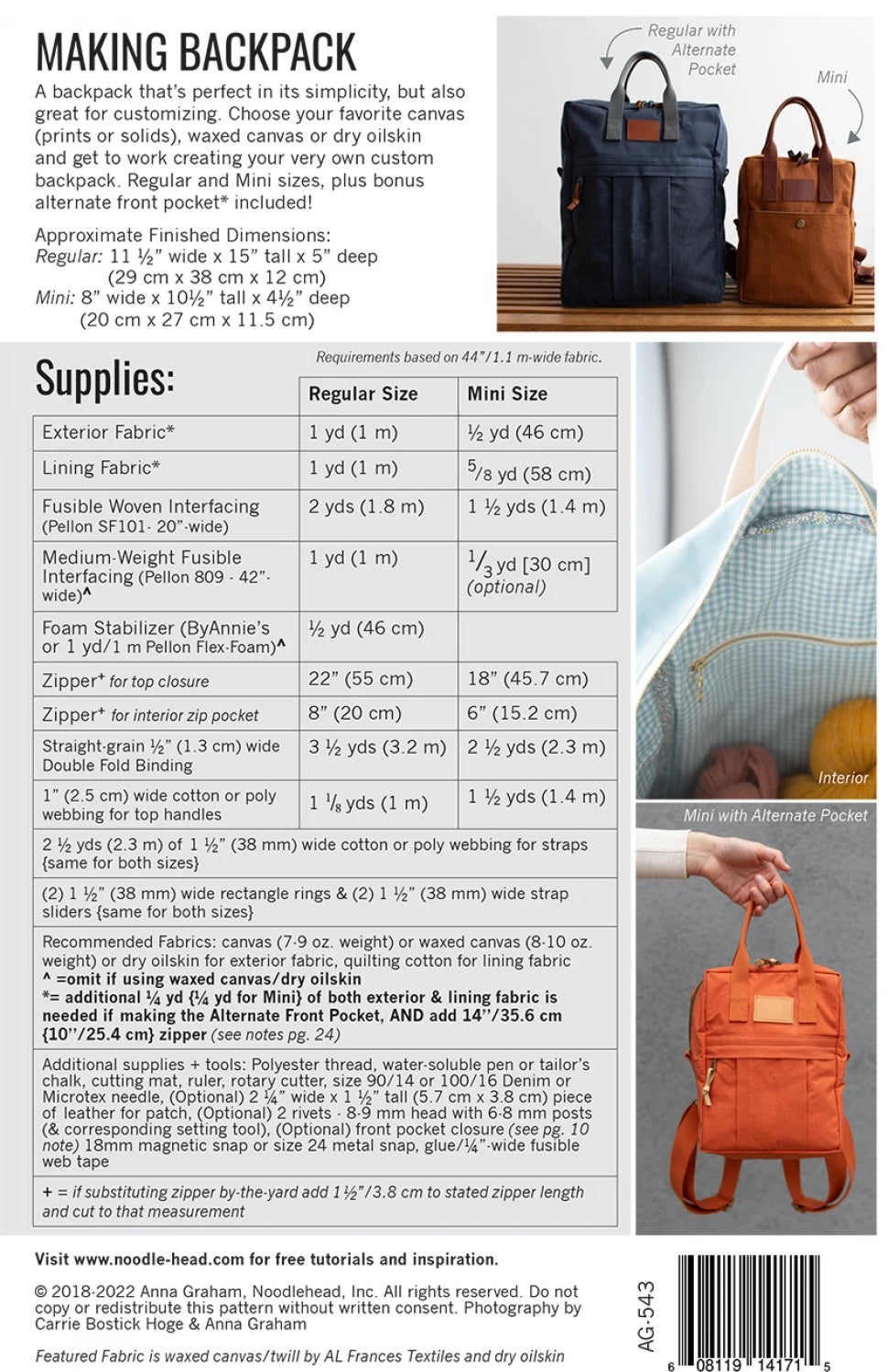 Making Backpack by Noodlehead - Printed Paper Pattern