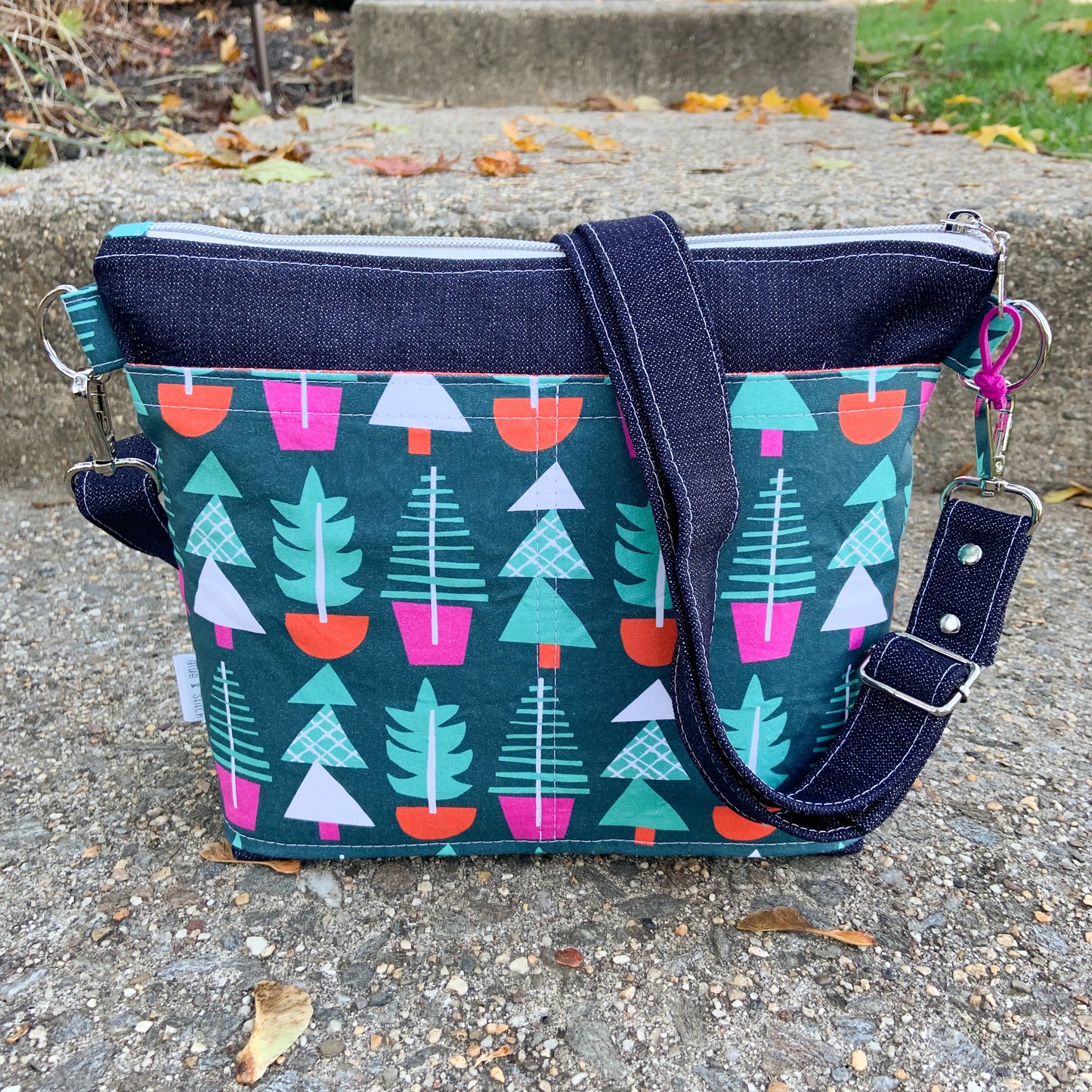 Small Christmas Tree Print Cotton and Denim Crossbody Bag