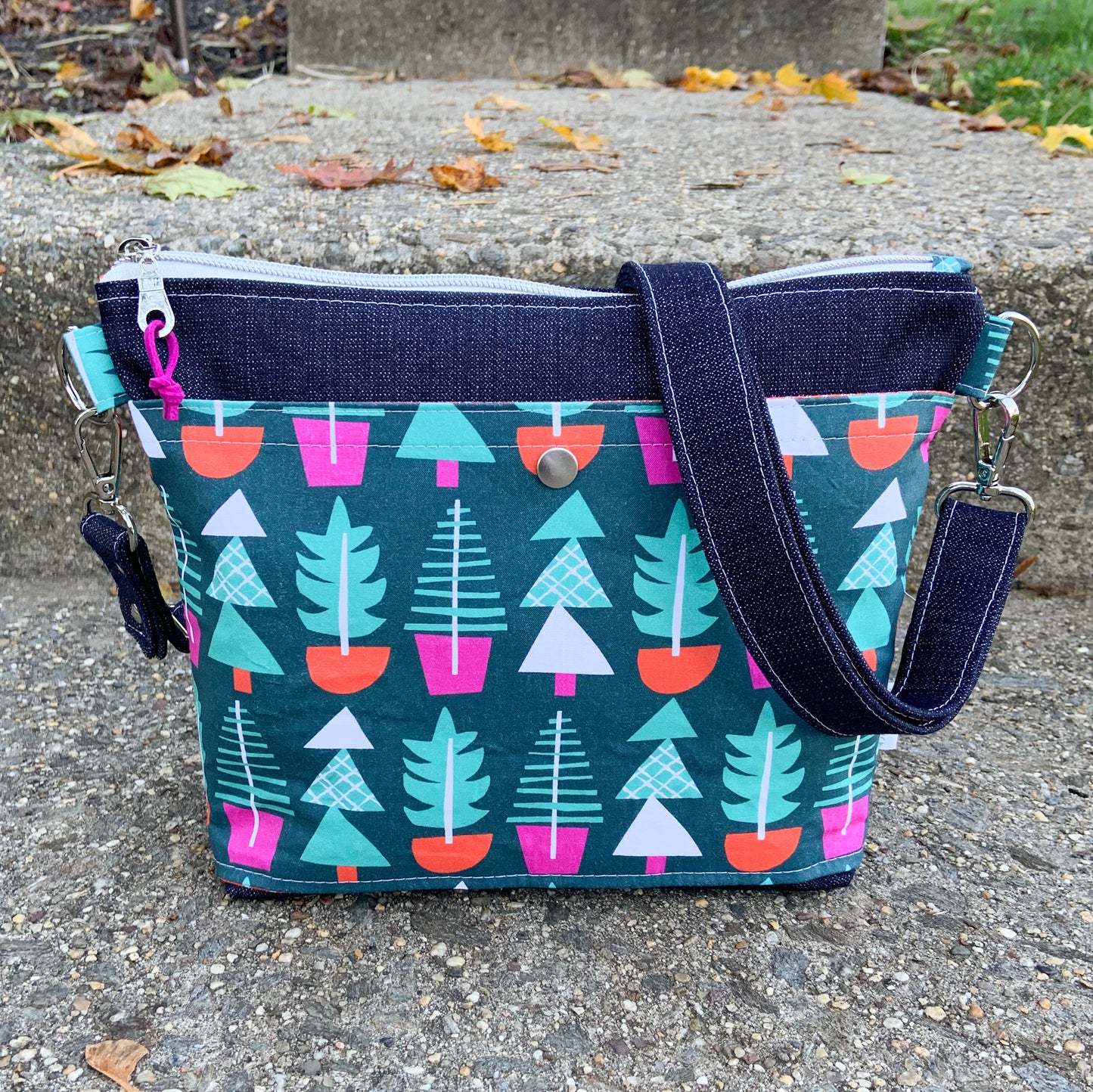 Small Christmas Tree Print Cotton and Denim Crossbody Bag