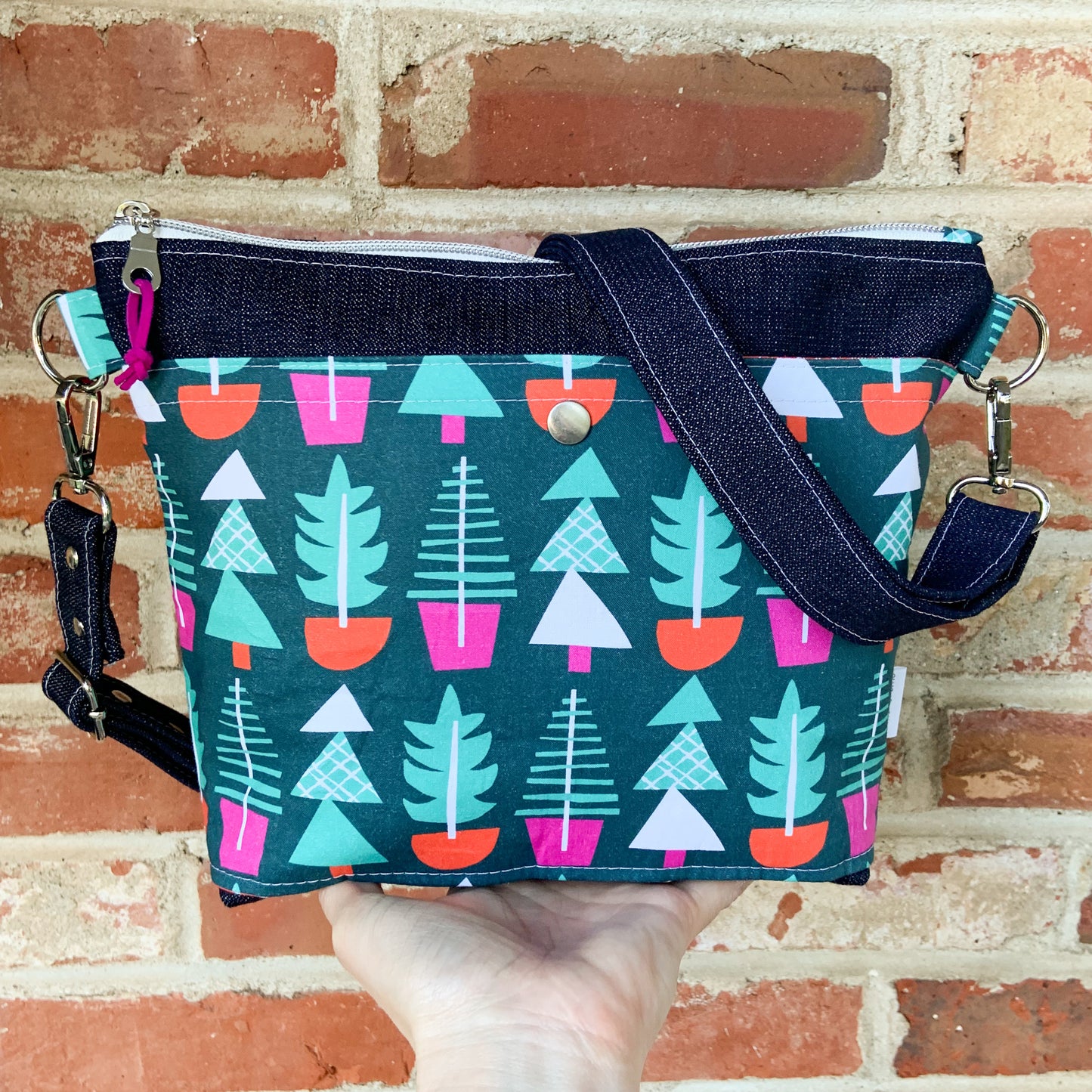Small Christmas Tree Print Cotton and Denim Crossbody Bag