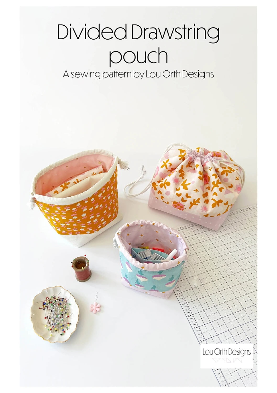 Divided Drawstring Pouch - Printed Paper Pattern