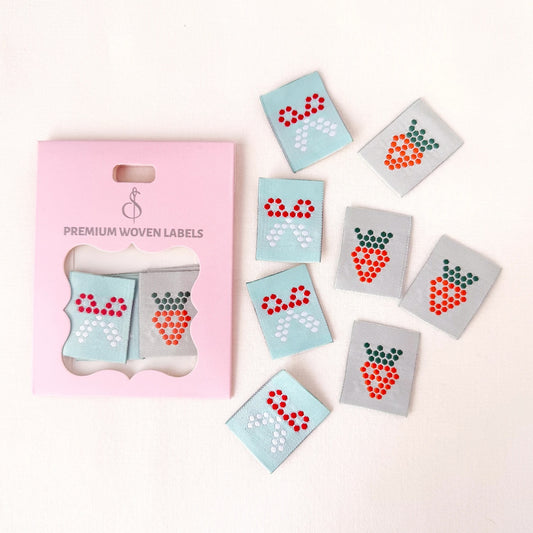Mosaic Strawberry and Scissors Woven Label - Set of 8